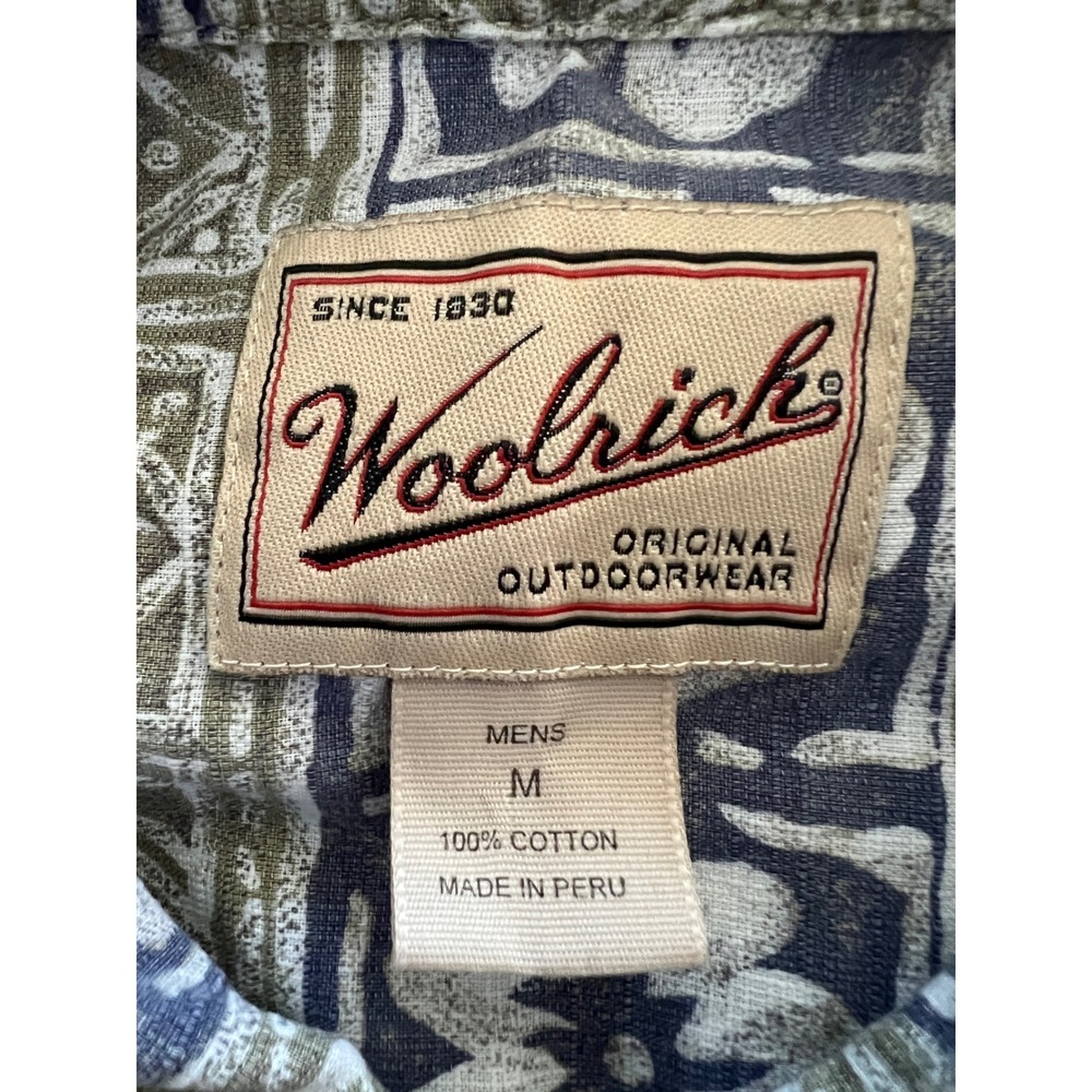 Woolrich Mens Blue Olive Cotton Block Print Floral Fish Short Sleeve Shirt M - Picture 3 of 10